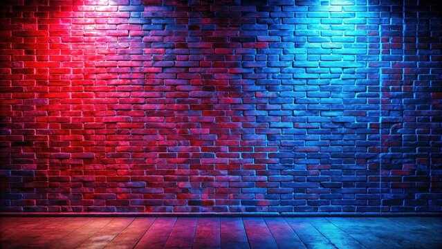 Vibrant red and blue neon lights on textured brick wall background in empty basement