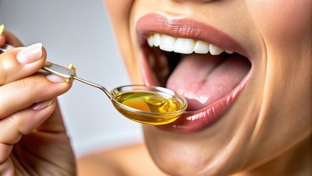 A close up stock photo showcasing a person swishing oil in their mouth representing the trending oral health practice of oil pulling, dental care, mouth health, traditional practice
