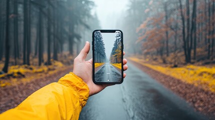 A hand holds a smartphone displaying a serene road scene, surrounded by misty autumn trees, reflecting nature's beauty.