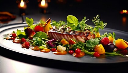 A gourmet dish featuring a perfectly grilled salmon fillet served with a vibrant and fresh salad. The colorful presentation and attention to detail make this dish visually appealing and appetizing