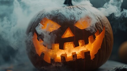 Fototapeta premium A close-up of being carved, with tools and pumpkin pieces scattered around.