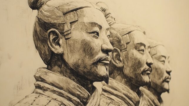 Statue of a terracotta army soldier on a plain background