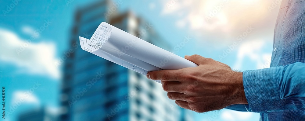 Canvas Prints a person holds blueprints outside a modern building, symbolizing construction and architectural plan