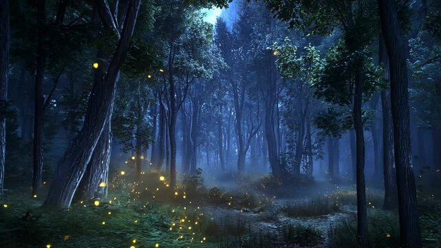 Watch fireflies illuminate a serene forest path during a calm summer night in this enchanting nature display