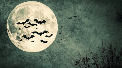 Obraz premium A colony of Halloween bats flying across a full moon, silhouetted against the night sky.