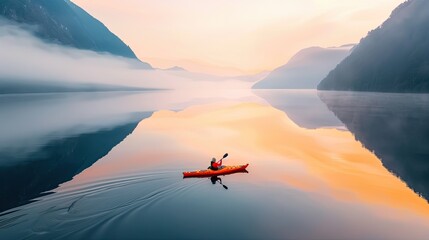 A serene kayak adventure on a tranquil lake at sunrise, surrounded by mountains and a misty atmosphere.