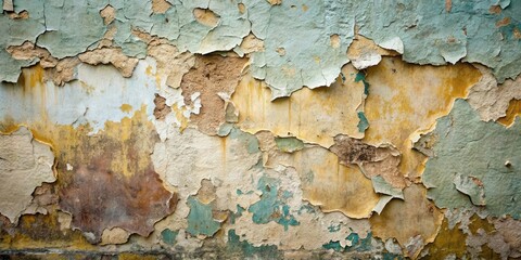 Dirty wall with chipped and peeling painted plaster, reflecting neglect and decay