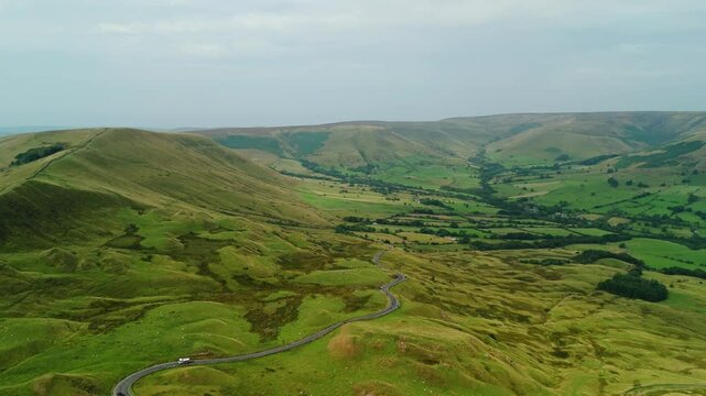 Aerial Drone View of Landscape at Peak District, UK. Bird eye views on the Scenic Landscapes around Mam Tor, Back Tor, Castleton, Peveril Castle, Winnats pass.