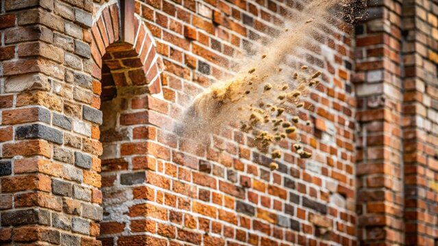 Close-up of falling mortar off the saltpeter wall in a historic building