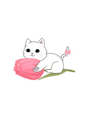 happy cute white cat with tulip cartoon