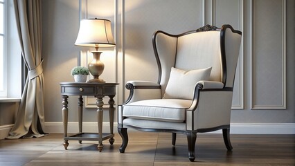 An elegant and sophisticated French country style wingback chair in white fabric with silver gray and black wood trim complemented by an ornate lamp on the side table