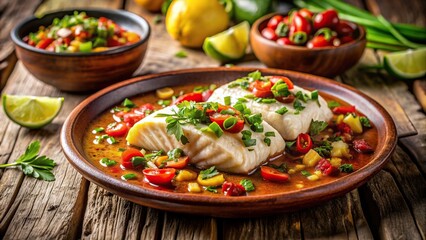 a la vizcaina, vibrant, Mexican style cod dish a la vizcaina beautifully presented on a rustic wooden background with a forced perspective highlighting its vibrant colors and tempting flavors