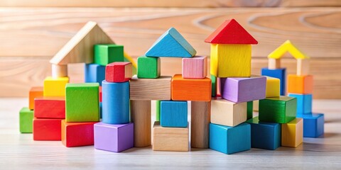 Obraz premium Colorful wooden toy blocks in various shapes and sizes for creative playtime