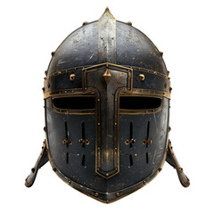 A detailed medieval helmet showcasing craftsmanship and history, isolated on white background, transparent background