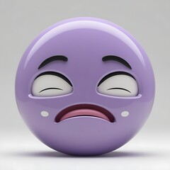 3D emoticon with a sleepy expression, light purple color, half-closed eyes, small mouth, glossy rounded shape, isolated on white background.