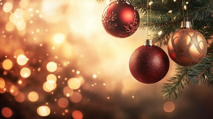 Elegant Christmas ornaments hanging from a festive tree branch with glowing bokeh lights in the background, offering perfect copyspace for holiday promotions. 