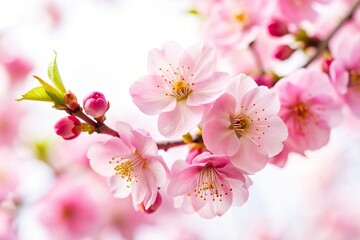 Naklejka premium Pink cherry blossom blooming in Spring against a white background at a tilted angle, Japan, tilted, elegance, symbol, cherry blossom, blooming, beauty, season, freshness, delicate