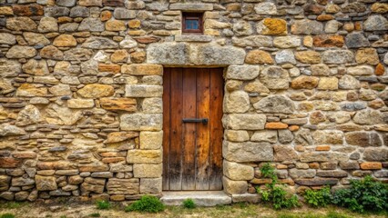 Stone wall with door and hole, rustic background