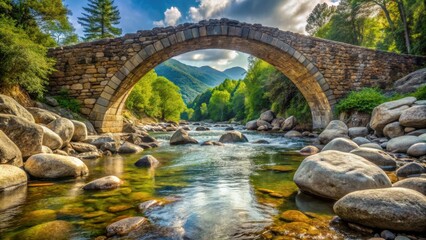 Fototapeta premium Ancient stone arched bridge made of boulders crossing a river