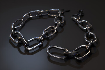 Obraz premium A close-up of metallic chains, showcasing their glistening surface and detailed links on a dark reflective background.
