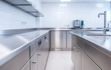 Stainless steel kitchen countertop with built-in stovetop and sink.