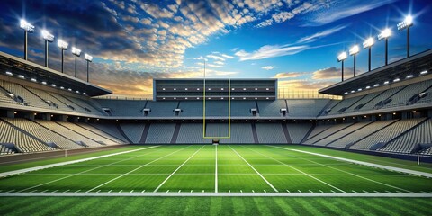 A minimalist stadium with a pristine football field and a sleek digital scoreboard displaying the game statistics, contemporary, competition, sports, green, football field, modern