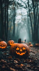 Enchanting Pumpkins Glowing in a Foggy Halloween Forest at Dusk