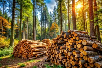 A detailed description and keywords for a stock photo related to the concept Mountain of firewood in the forest Mountain of firewood in the forest surrounded by tall trees and vibrant foliage