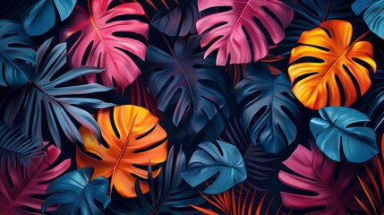 Tropical leaves in a bright coloured pattern on a dark background