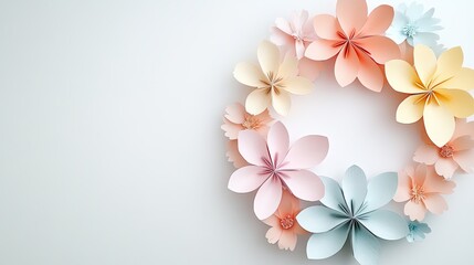 Obraz premium Beautiful paper flower wreath, featuring soft pastel colors and delicate designs, perfect for home decor and artistic displays.