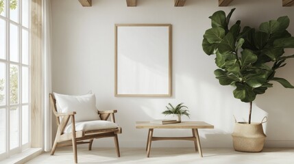 Minimalist Living Room Interior with Wooden Furniture and Greenery