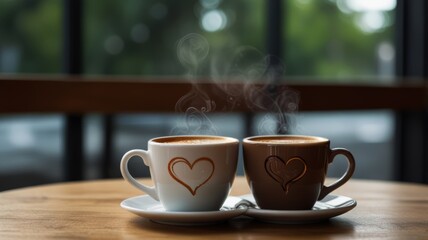 Obraz premium Heart-Shaped Steam Over Coffee Cups in Cafe. Two steaming cups of hot coffee