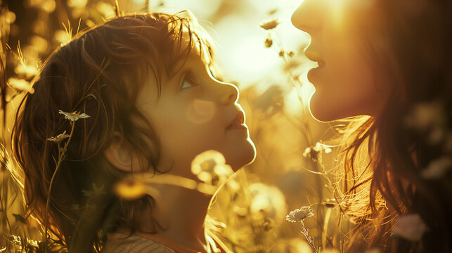 Heartwarming view of a child gazing up at their mother with admiration, highlighting the profound influence of a mother's love