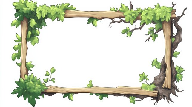 Hand-drawn cartoon rectangular wooden frame for a game interface with green moss and leaves, set against a pure white background. Designed with fantasy elements, 2D graphics, and cartoon realism,