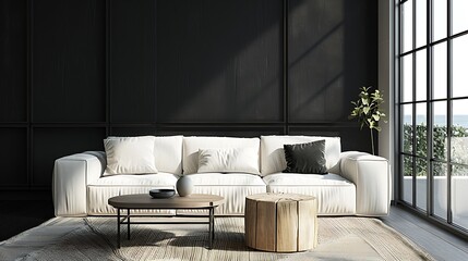 Contemporary living space designed with a chic black wall, a stylish white sofa, and a wooden coffee table near a window.