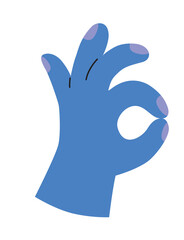 OK gesture. Blue hand isolated on white background. Positive sign. Communication concept. Vector flat illustration.