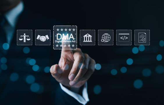 DMA, Digital Markets Act and EU law concept. Businessman interacting with icons representing Digital Markets Act (DMA), legal regulations, compliance, and the European Union's digital market policies.