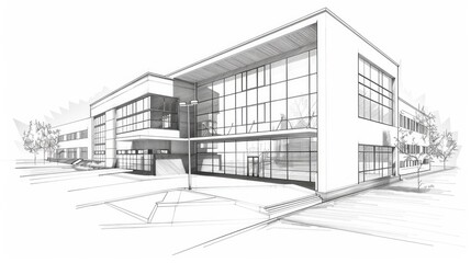Pencil sketch, blueprint Exterior view of a typical American school