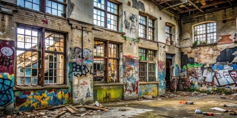 Abandoned and damaged building wall with broken windows and graffiti