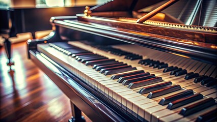 A close up shot of a vintage grand piano with the focus on its keys and strings creating a beautiful depth of field, close-up, depth of field, symphony, keys, sound, black and white