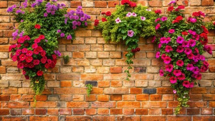 Flowers growing on a textured brick wall creating a beautiful wallpaper backdrop