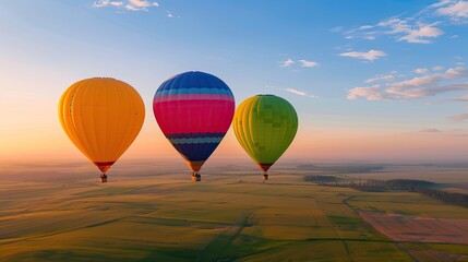 Obraz premium Colorful hot air balloons soaring above a picturesque landscape at sunset, creating a serene and uplifting atmosphere.