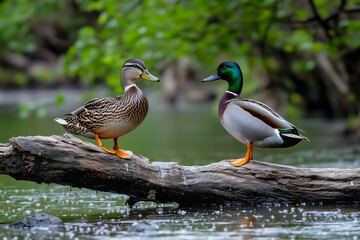 Group of Duck couple on log in river