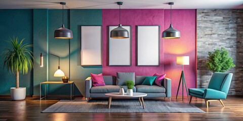 Modern interior design with stylish lamps and a vibrant poster on the wall
