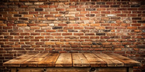 Rustic wooden table against weathered brick wall