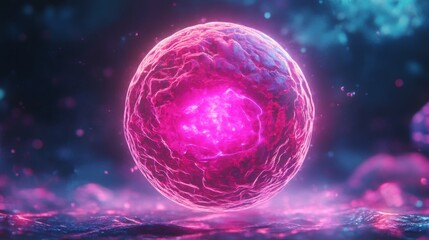 Glowing Pink Sphere with Rumbling Texture Suspended Over a Blue and Pink Abstract Surface