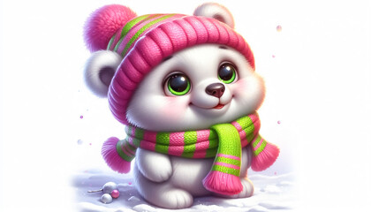 Obraz premium Cute polar bear illustration in snowy landscape with scarf and wool hat. Christmas Celebration Time