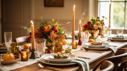 Autumn holiday tablescape, formal dinner table setting, table scape with elegant autumnal floral decor for wedding party and event decoration idea