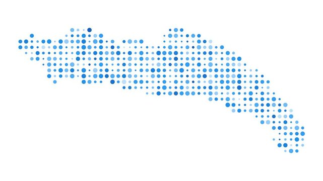 Anegada dotted digital map. Map of Anegada with pulsating colored circles. Shape of the island filled with blue disks.