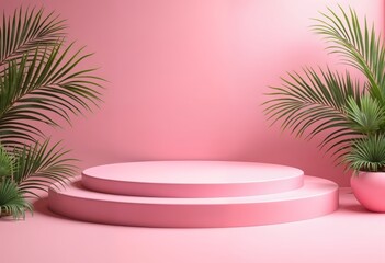 Obraz premium Stylish Pink Background with Circular Stands and Green Palm Leaves for Product Display